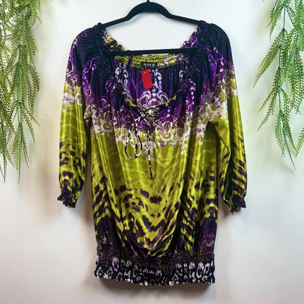 Allen B Blouse. Unique & Dramatic piece . Purple & Green. Sz S but fits Lrg